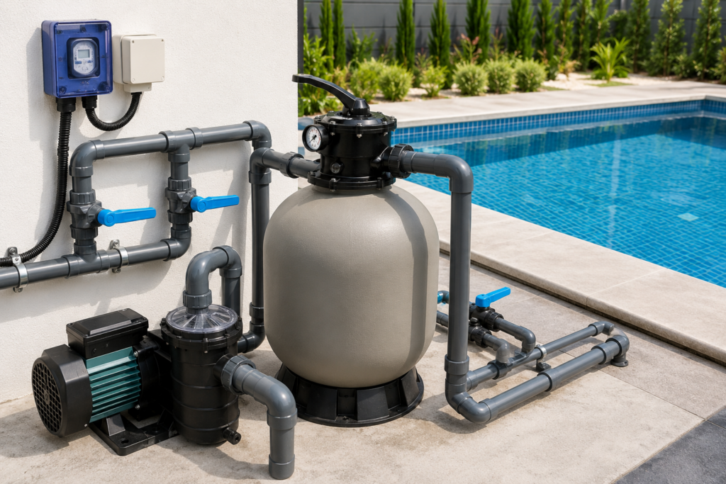 Sistema de filtracion de agua de piscina en corredor de henares