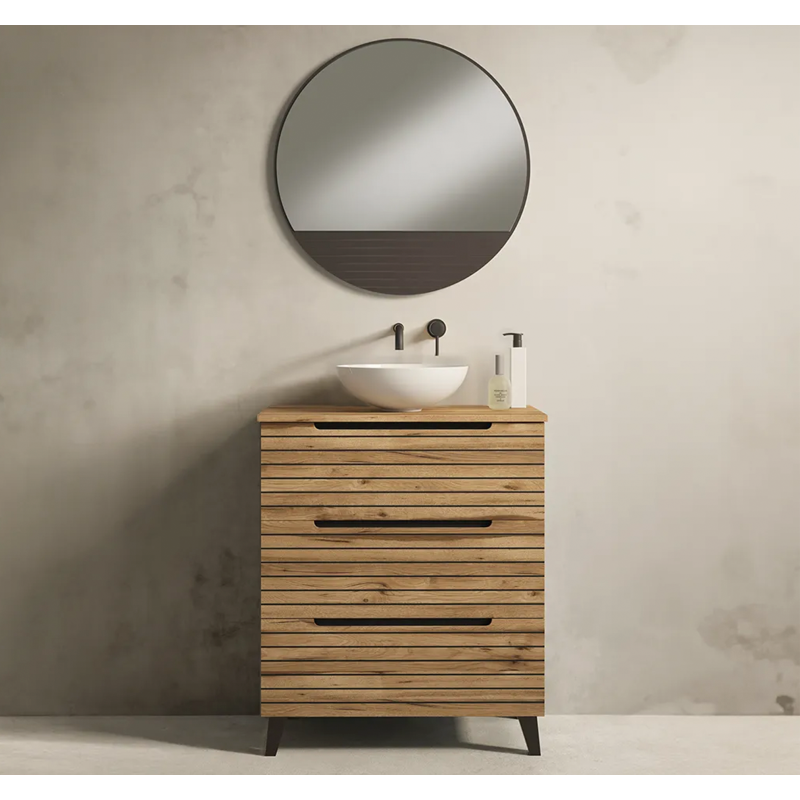 Mueble de baño rallado madera y negro con 3 cajones y patas negro mate en tu tienda de muebles de baño en Corredor de Henares